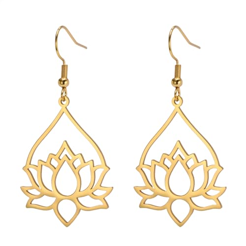 TEAMER Stainless Steel Lotus Flower Dangle Earrings Bohemian Drop Earring Unique Geometric Jewelry for Women - color: Lotus 7-Gold