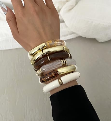 iF YOU 6pcs Chunky Acrylic Bangle Bracelets for Women, Resin Bamboo Brown Stretchy Bracelet Stack, Fashion Jewelry for Women - color: 6 Clear white brown bracelets