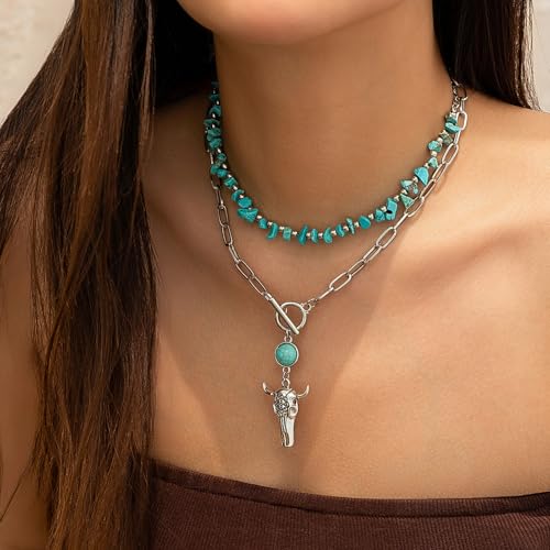 Layered Boho Necklaces for Women Gold Coin Pendant Necklaces Stackable Turquoise Choker Necklace for Women Western Jewelry - style: Style 6