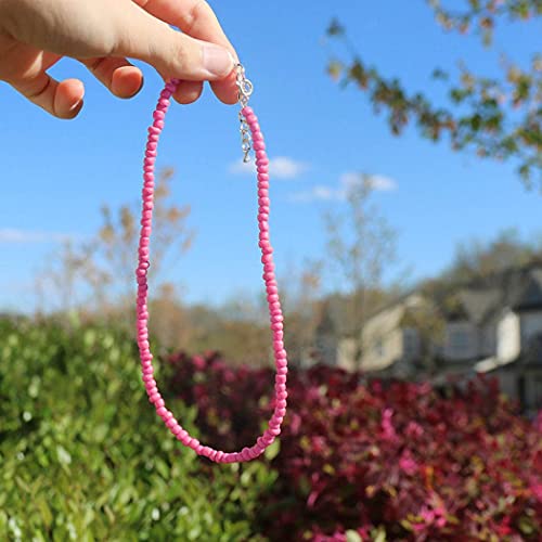 Tgirls Boho Choker Necklace Chain Rice Beaded Necklaces Seed Bead Necklace Accessory for Women - color: Pink