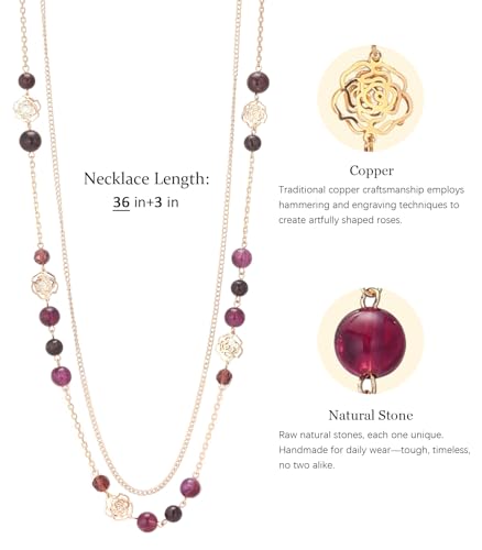FULU AUTUMN Boho Gold Long Necklaces for Women Natural Stone Beaded Layered Long Necklace Mothers Day Gifts Dainty Flower Costume Jewelry for Women - color: Purple