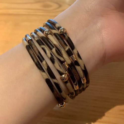 Circle Charm Leather Wrap Bracelet Bohemia Multilayer Leopard Handcrafted Layered Cuff Boho Multi-Chain Bracelet for Women Teen Holiday Jewelry - color: Style B