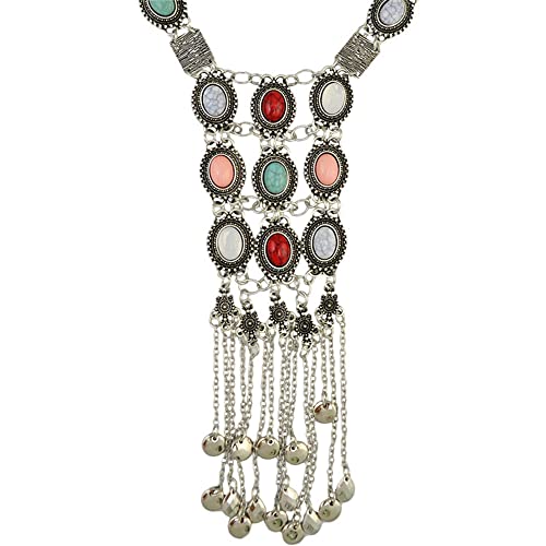 Asphire Bohemian Long Tassel Necklace Vintage Colorful Gemstone Turquoise Necklace Nepal Tibetan Ethnic Exaggerated Statement Accessories for Women and Girls - color: Silver