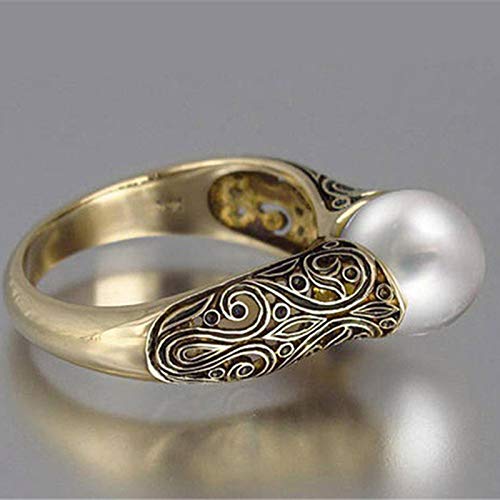 LRESJJIUJ 14k Gold Plated Pearl Women's Ring Handmade Freshwater Aquaculture Pearl Single Stone Ring Fashion Engagement Wedding Jewelry(Size 9) - size: 9