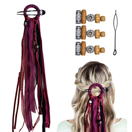 Handmade Boho Hair Barrette Hair Tie Braided Suede Wood beads Hair Pins Hair Extension Tassels DIY Beads Ponytail Holders Hair Accessories for Women (Red) - color: Red