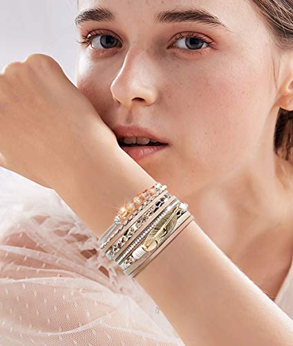 Leather Wrap Bracelet Set 3Pack Wrist Cuff Bracelet for Women Multilayer Magnetic Clasp Bracelet Feather Tree Bead Crystal Bracelet - color: Feather Tree Crystal