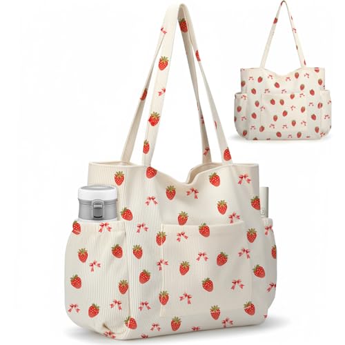 Corduroy Tote Bag for Women,Large Capacity Cute Tote Bags With 6 Pockets,Crossbody Shoulder Handbag for Work Travel Gym - color: Strawberry-a