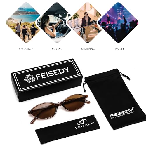 FEISEDY Retro Oval Sunglasses for Women Cat Eye 90s Lightweight Narrow Shades Trendy Sun Glasses B4196 - color: Brown