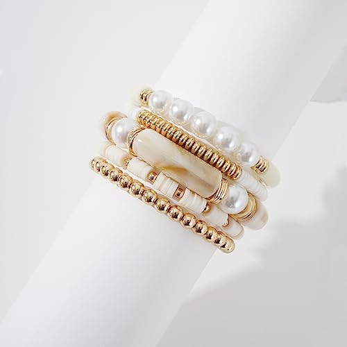 GOOJIDS Simple Beaded Gold Plated Bangles Bracelet Chunky Bamboo Tube Curved Stacking Clear Acrylic Colorful Beads Stretchable Gold Plated Bracelets Set For Women - color: A-A2 White Set