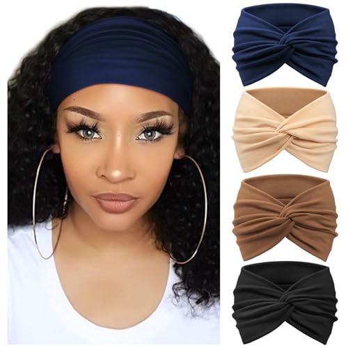 AQOKKA Extra Wide Headbands for Women Large Turban Headband Non Slip Boho Elastic Hairband Hair Twisted Knot Head Bands Accessories - color: 4 Pcs: Navy Blue, Black, Khaki, Brown