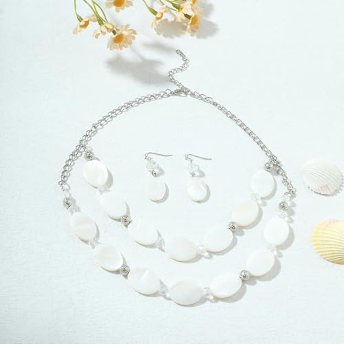 2 Layered Chunky Beaded Shell Necklace for Women Sea Shell blue/yellow/red/green/turquoise/teal/white Statement Necklace and Earring Set Elegant Women Necklace Set Jewelry Sets for Women - color: White