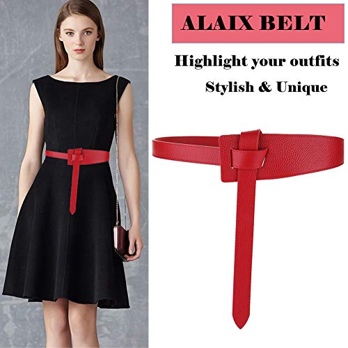 ALAIX Women's Leather Belt Dress Belt for Jeans Jumpsuit Coat Fashion Tie a Knot Genuine Leather Waist Belt - color: Red, size: Waist Size up to 34 inches