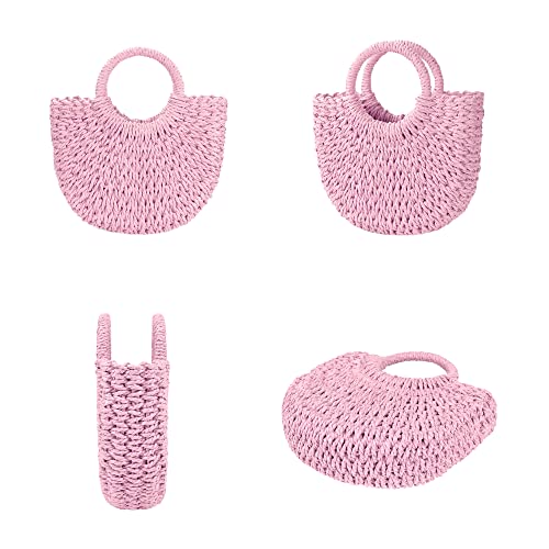 Womens Straw Beach Bag Woven Crossbody Shoulder Bags Top Handle Satchel Handbag Purse for Summer - color: Pink