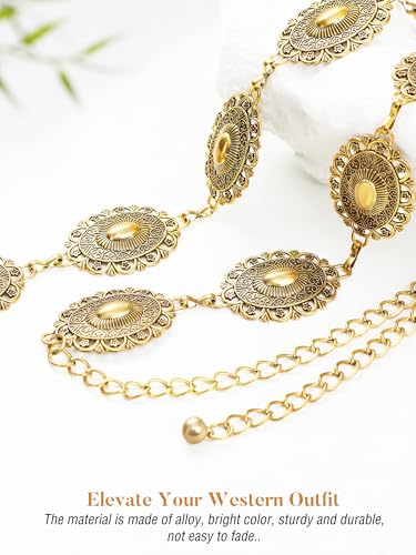 FIORETTO Western Waist Chain Belt Metal Concho Belt for Women Cowgirl Cowboy Boho Country Belt for Dress Jean - color: Gold-24, size: Fit Waist Up to 38"
