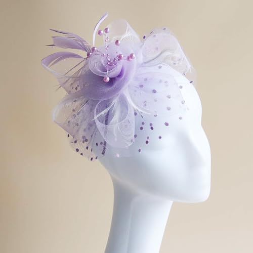 Fascinators Hat Pearl Earrings Necklace Bracelets Gloves 1920s Headband Hair Clips Women Flower Mesh Feather Headpiece Headwear Halloween Carnival Cocktail Wedding Tea Party Accessories Purple - color: Light Purple