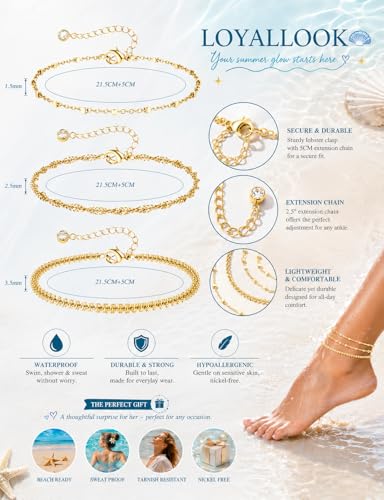 LOYALLOOK Ankle Bracelets for Women Waterproof, 14K Gold Plated Cuban Figaro Link Chain Beaded Anklets Set, Dainty Layered Anklets for Women Non Tarnish Summer Beach Foot Jewelry Adjustable Size - color: 3Pcs Anklets-14K Gold