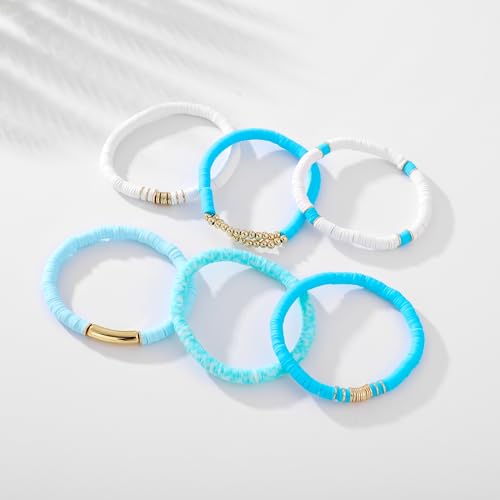 GOOJIDS Surfer Heishi Clay Bead Bracelets for Women Bohemian Stackable Gold Plated Beaded Stretch Bracelets Elastic Layering Friendship Bracelets Set Boho Jewelry - color: B-Blue&White Set