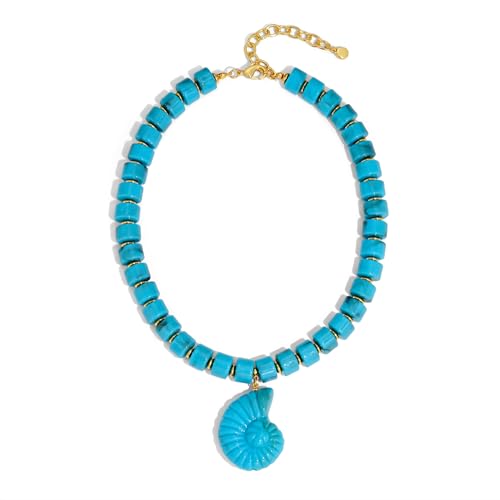Chunky Beaded Necklace for Women with Conch Shell Pendant, Boho Bead Statement Necklace with Adjustable Gold Chain, Beach Jewelry for Summer＆Vacation Gifts - color: Blue