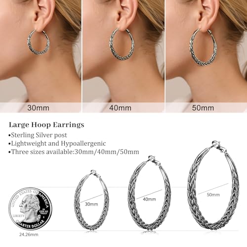 Senteria Silver Hoop Earrings for Women Hypoallergenic 925 Sterling Silver Post Hoop Earrings Lightweight Large Hoops Earring Thick Twisted Silver Hoops 30/40/50MM - color: 40mm black hoops