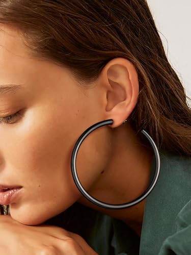 Stainless Steel Chunky Hoop Earrings For Women, Minimalist and Chic, Black/Gold Plated, Round Hoops Earrings Hypoallergenic, Size: 30mm/40mm/60mm/80mm, Come with Box - color: 2. Black, size: 80MM