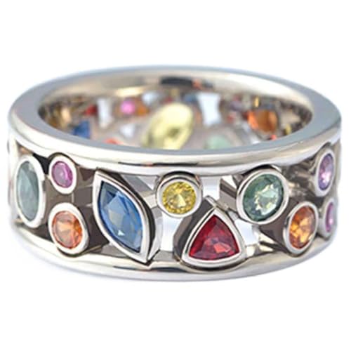 Vintage 925 Sterling Silver Multicolored Crystal Ring AAA Cubic Zirconia Boho Statement Band Ring for Women, Geometrical Gemstone Eternity Ring Cocktail Party Ring - color: Size-6