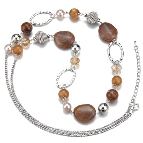 BULINLIN Beaded Long Necklace for Women Silver Sweater Chain Necklace with Crystal Resin Beads, Fashion Jewelry Necklace - color: Brown