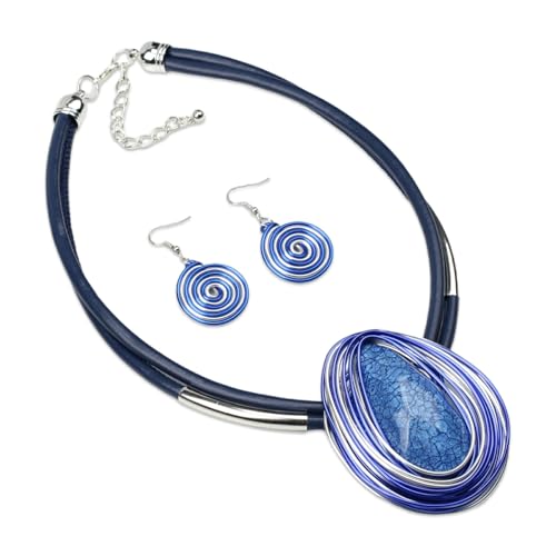 Ethnic Crystal Rhinestone Pendant Necklace Earrings Set Women Handmade Tribal Collar Choker Chunky Metal Bib Rope Chain African Statement Jewelry Set - color: NXR1484-blue