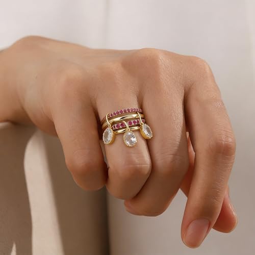 COLOYAN 14k Gold Plated Stackable Interlocking Rings for Women Non Tarnish | Durable Beautiful Cubic Zirconia Ring, Oval Rhinestone Drop Ring, Multi Stacking Ring Jewelry Gift Vacation, Party, Date - color: Pink, size: 7