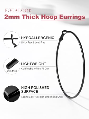 FOCALOOK 14K Gold Plated Lightweight Large Hoops| 2mm Thin Hoop Earrings for Women 30/40/50/70/100mm - color: 01.Black, size: 70mm
