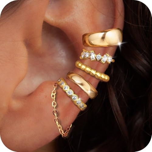Fake Earrings for Women Non Piercing Ear Cuff Earring Dainty 14K Gold Plated Cuff Earrings Set Cubic Zirconia Ears Jewelry on Cartilage - style: 5C