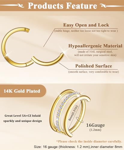Small Cartilage Double/Triple-Hoop Helix Conch Piercing Earrings With Cubic Zirconia For Women Trendy 14K Gold Plated Titanium Surgical Stainless Steel Sets Nose Rings Hoops Septum Rings - color: 14K Gold, style: F-4Pairs-16Gauge-Triple CZ hoop