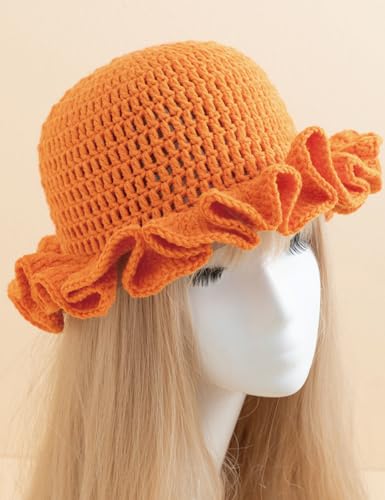 KORADI Womens Crochet Bucket Hat Ruffled Brim Knitted Hats Winter Boho Handmade Caps - color: Black