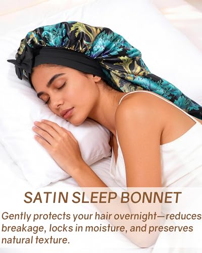 AWAYTR Long Satin Bonnet for Braids - Elastic Silk Hair Bonnets for Sleeping Night Cap Stretchy Tie Band for Women(Print) - color: Print