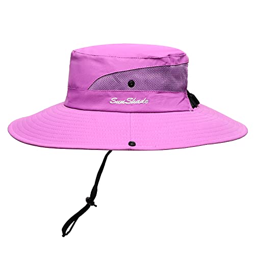 Womens Summer Sun Hat Beach Hat Wide Brim Outdoor UV Protection Hat Foldable Cool Mesh Ponytail Bucket Hat - color: Pure Purple