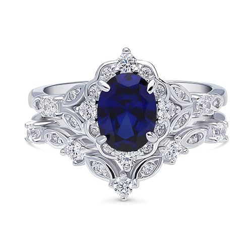 BERRICLE Sterling Silver CZ Halo Wedding Engagement Rings for Women, Oval Cut Cubic Zirconia, 1-3 Piece Sets, Pink/Blue/Clear - style: 2 Piece Set, Sapphire