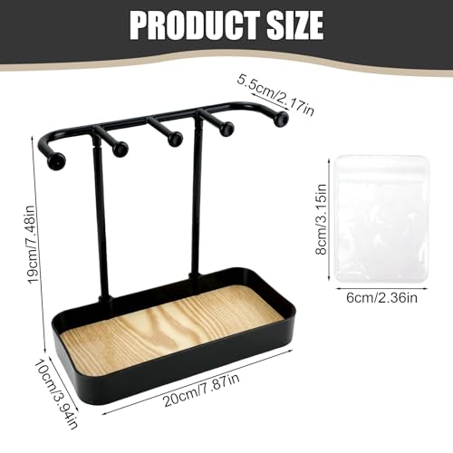 Jewelry Organizer Stand, Necklace Holder with Wooden Tray 5 Storage Hooks, Earring Holder with 5 Pcs Jewelry Bags for Bracelet,Chains,Rings,Earrings,Keys Watches,Necklaces (Black) - color: BLACK