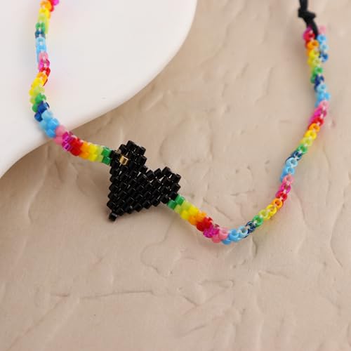 Rainbow Beaded String Braided Bracelets for Women, Summer Boho Handmade Adjustable Beach Waterproof Jewelry Gift - color: Black
