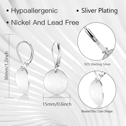14K Gold Dangle Earrings for Women，Lightweight Circle Disc Coin Geometric Flat Brushed Drop Earrings, Hypoallergenic Leverback Earrings Jewelry - color: A-Silver