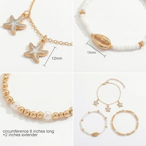 Boho Beads Beach Layered Anklet Set for Women, Handmade Gold Starfish Pearl Shell Anklets Summer Ocean Accessories Jewelry Gift - color: PStarfish