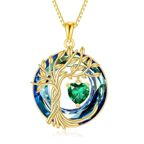 POPLYKE Mothers Day Gifts for Mom Her Wife Tree of Life Necklace 925 Sterling Silver Birthstone Pendant with Crystal Anniversary Birthday Wedding Jewelry for Women - color: 05-May-Emerald, style: 18K Gold Plated-Blue Crystal