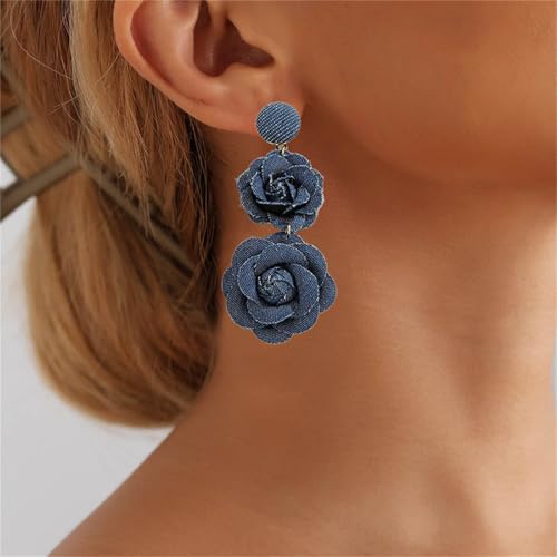 coadipress Boho Denim Camellia Flower Dangle Earrings for Women Exaggerated Big Layered Tiered Blossom Floral Drop Long Earring Chic Statement Earrings Wedding Bridal Jewelry Gifts - style: 2 Flower Dark Blue