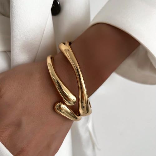 PEALICIOUS 2Pcs Chunky Bracelet for Women, Girls Gold Bangle Bracelet 7in Minimalist Silver Chunky Bangles Prom Gifts, Trendy Gold Arm Cuff Upper Arm Band, Stack Bead Prom Accessories Summer Jewelry - style: gold chunky bangle