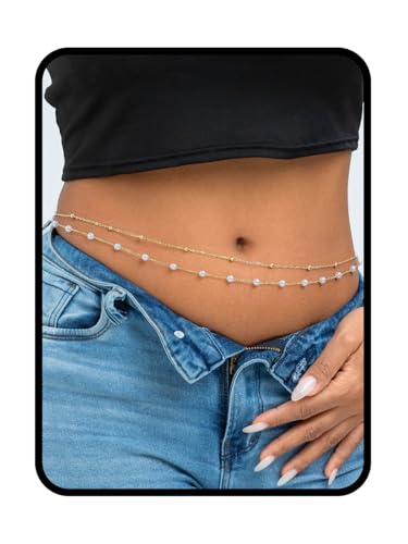Layered Beads Waist Chain Gold/Silver Sun Belly Chain Bikini Body Chain Women Adjustable Beach Waist Jewelry Accessories - size: Large, style: Gold Pearl