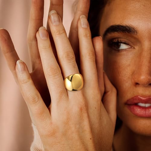 Gold Silver Rings Set for Women Chunky Statement Rings ZC Dome Evil Eye Croissant ring Thick 18K Gold Plated Band Rings - color: flat dome, size: 8