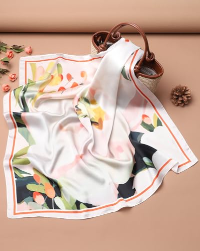 AWAYTR 27.5” Square Satin Head Scarf Hair Scarf for Women's Hair Silk Bandana for Women Silk Head Wrap for Sleeping - color: Flowers (Light Pink + White)
