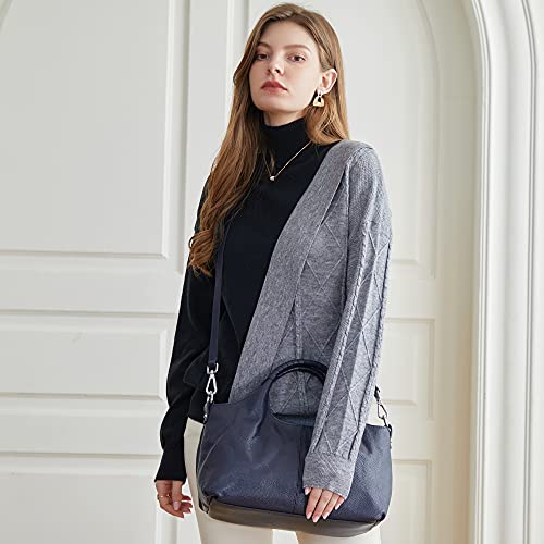 Iswee Genuine Leather Shoulder Bags Purses and Handbags for Women Satchel Designer Cross Body Hobo Medium Size Tote - color: Navy Blue