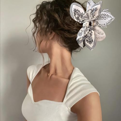 Bow Claw Hair Clips 3PCS Big Hair Bows for Women Butterfly Styling Large Hair Clips for Thin Thick Curly Hair for Girls Hair Accessories for Teen Gifts for Valentine's Day - color: 3PC-Black+White Floral+White Paisley