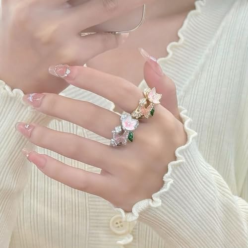 Butterfly Flower Ring for Women Enamel Flower Butterfly Finger Ring with Adjustable Opening Pink Ring Sparkling Fashion Flower Ring Christmas Birthday Party Prom Clothing Jewelry - color: Gold