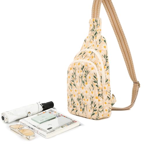 SILKAREA Canvas Sling Bag for Wome Crossbody Purse Small Sling Backpack Purse Travel Hiking Chest Bag Daypack - color: Embroidered Chamomile