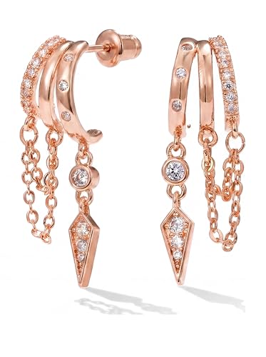 MUMREUES Gold Earrings for Women Trendy 14K Gold Plated Dangle Earrings Small Hoop Huggie Drop Stud Earrings Cubic Zirconia Simple Minimalist Dainty Chain Tassel Hypoallergenic Earrings - color: Chain & Rose Gold